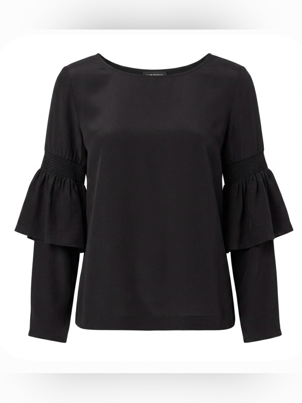 Club Monaco Black 100% Silk Smocked Ruffle Sleeve Blouse Size M